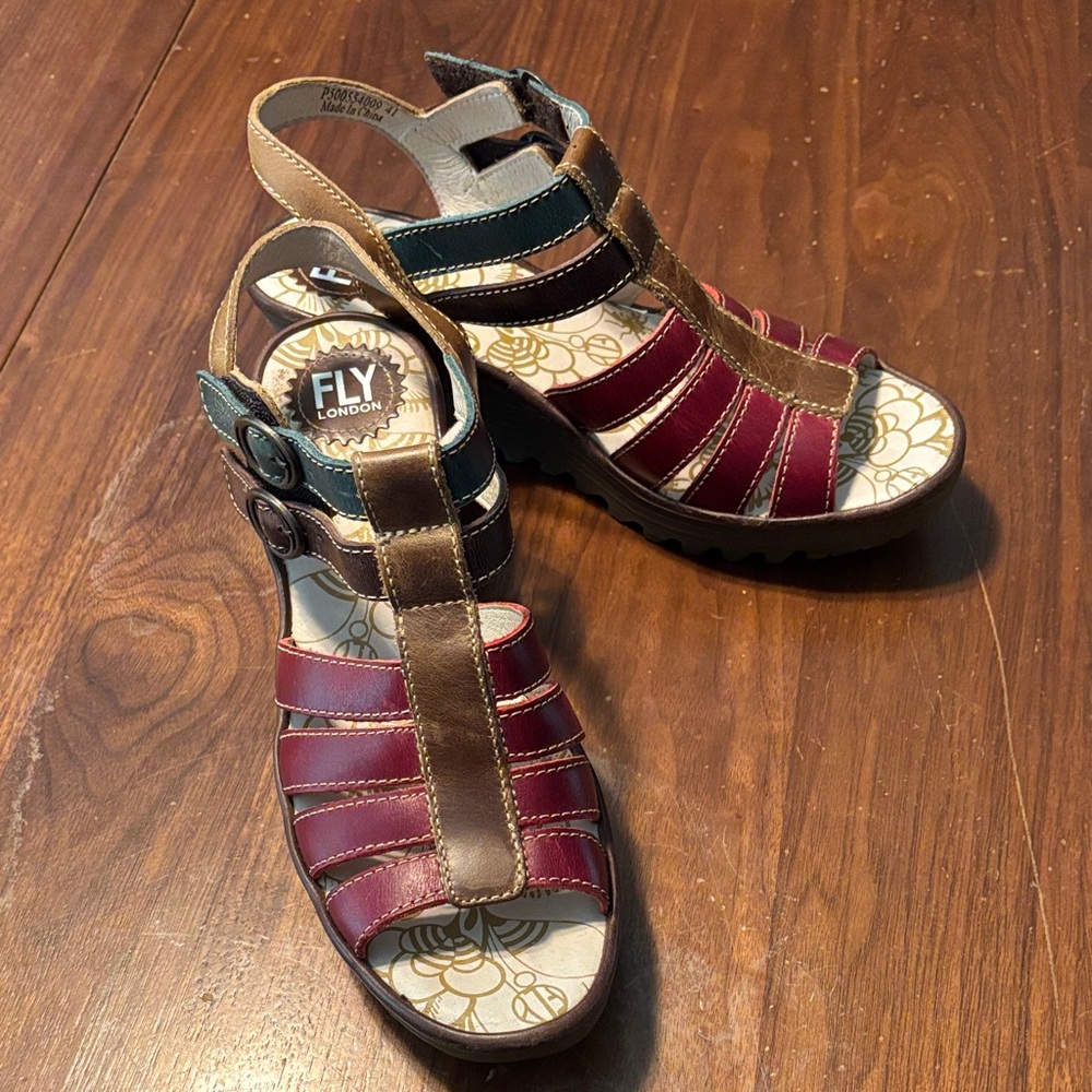 Fly London Red and Brown Sandals with Adjustable Ankle Strap